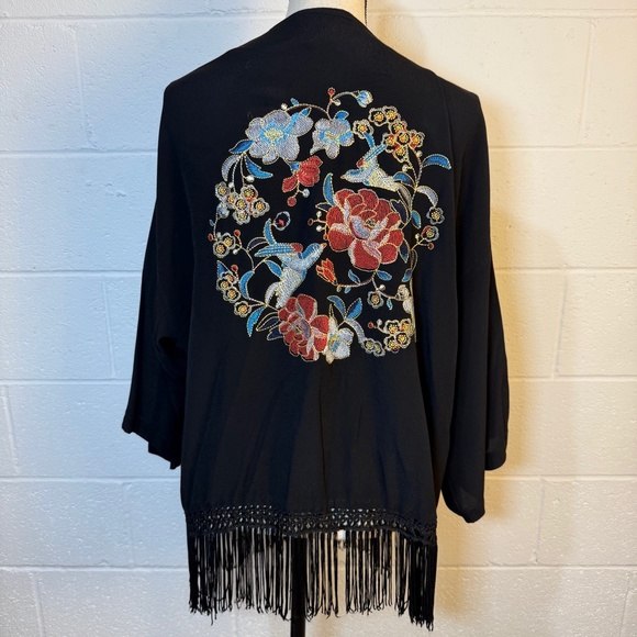 Forgotten Grace Black Fringed with Embroidered Back Design Kimono - Picture 1 of 10